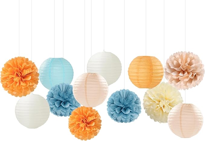 Dusty-Blue Orange Party-Decorations Paper-Flowers Lanterns - 15pc Boho Fall Peach Beige Tissue Pom Poms Streamers,Birthday Bachelorette Bridal Baby Shower Engagement Wedding Graduations Decor Panduola