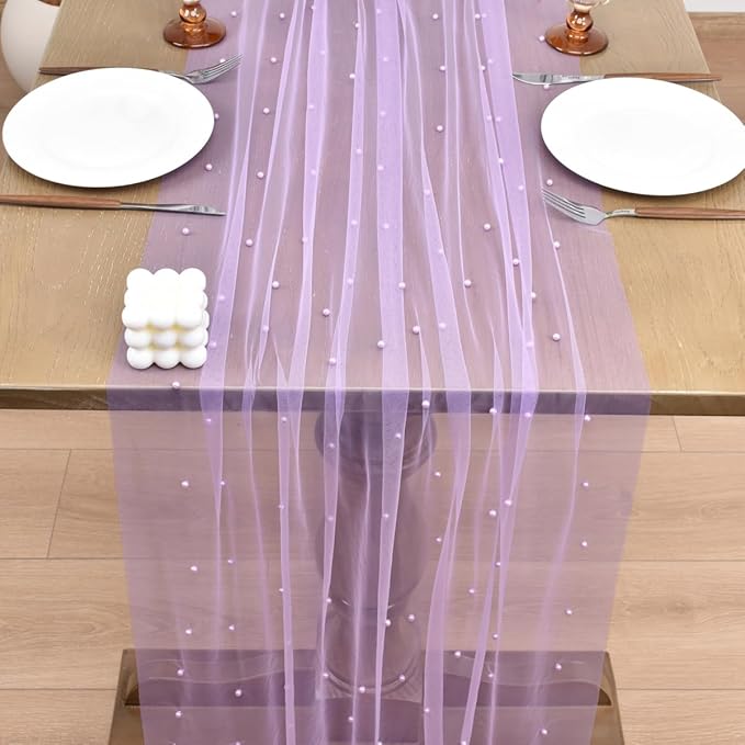 Joanlody Fall Pearl Table Runner 10ft Rustic Boho Tulle Table Runner with Pearls for Baby Shower Wedding Party Veil Dessert Thanksgiving Table Decor Lilac
