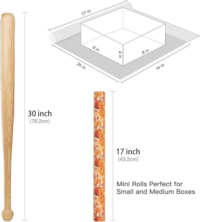 RUSPEPA Fall Wrapping Paper Roll, Mini Roll, Watercolor Pumpkin, Autumn Leaf and Mushroom Design, Autumn Kraft Gift Wrap Paper for Thanksgiving, Fall Party, Harvest, 17 Inches x 16.4 Feet