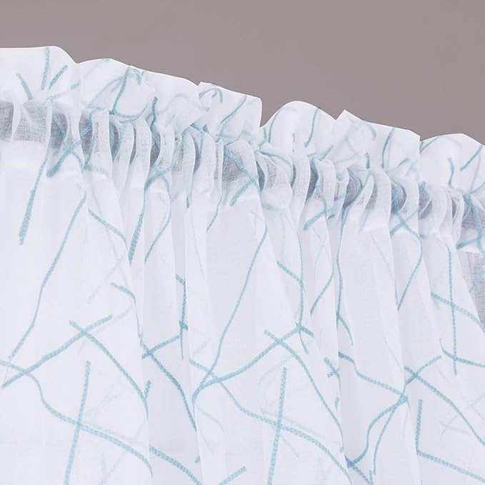 Blue Sheer Curtains 63 Inches, Rod Pocket Voile Drapes for Living room, Bedroom, Modern Embroidery Window Treatments Semi Faux Linen Curtain Panels for Yard, Patio, Parlor, Set of 2, 52"x 63".