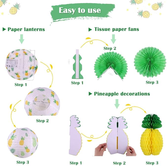 Pineapple Party Decorations Hanging Paper Lanterns Pineapple Honeycomb Tissue Paper Fans for Hawaiian Tropical Birthday Luau Party Decorations Summer Decor (Yellow)