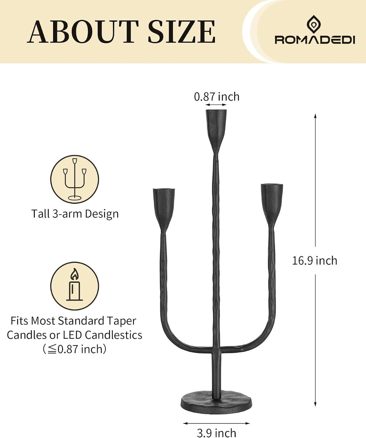 Romadedi Black Candelabra Candle Holder,16.9 in, Cast Iron