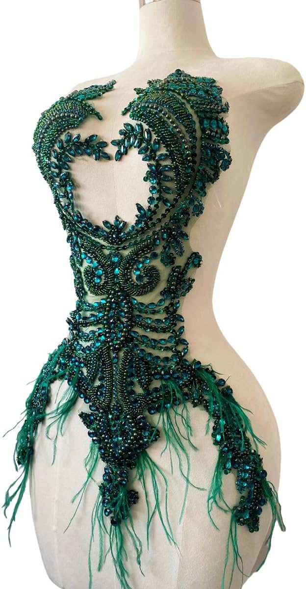 Handsewing Beads Trim Patches Rhinestones Bodice Applique with Ostrich Fur De...