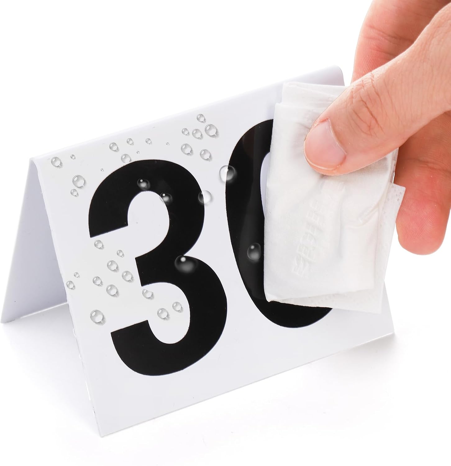 Okllen Set of 30 Restaurant Table Numbers1-30 White, Double Side Acrylic Tent Style Table Numbers for Party, Banquets, Wedding Reception, Events, 3.5"x3"x2.3"