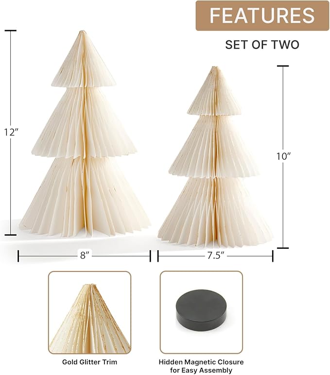LampLust White Honeycomb Paper Trees, 2 Pack, 10 & 12 Inch, Winter Ornaments, Winter Decorations for Home and Mantel Decor, Winter Wonderland Decorations