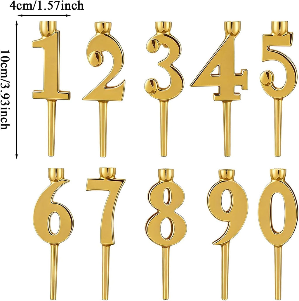 10 Pieces Number Candle Holder Set 0-9 Number Cake Topper Decorations Digital Happy Birthday Cake Candle Holders Set Reusable Stainless Steel Party Supplies(Gold)