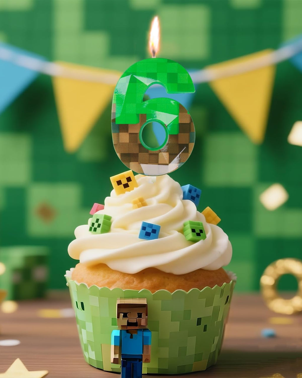 Pixel Birthday Candle, 2.68 Inch Miner Number Candles, Game Themed Candle Birthday Decoration for Pixel Theme Birthday Anniversary Dynamite Video Game Party (Green, 6)