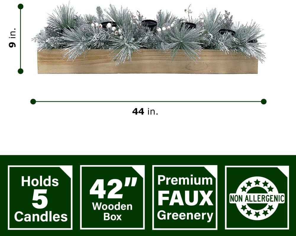 Fraser Hill Farm 42" Glittery Pine Candle Holder Christmas Decoration with White Berries and Ornament Balls, Holds 5 Pillar Candles, Elegant Christmas Table Decorations