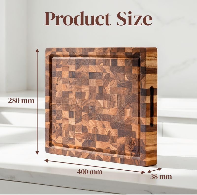 teak wood end grain cutting board 16 x on a desk or shelf