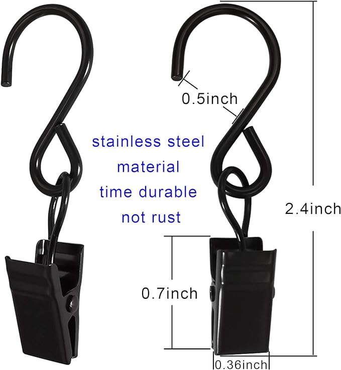 Stainless Steel S Hooks Curtain Clips, 50 Pack Hanging Party Lights Clips Hangers Gutter Photo, Art Craft Display, 2.4 Inch Long, Black