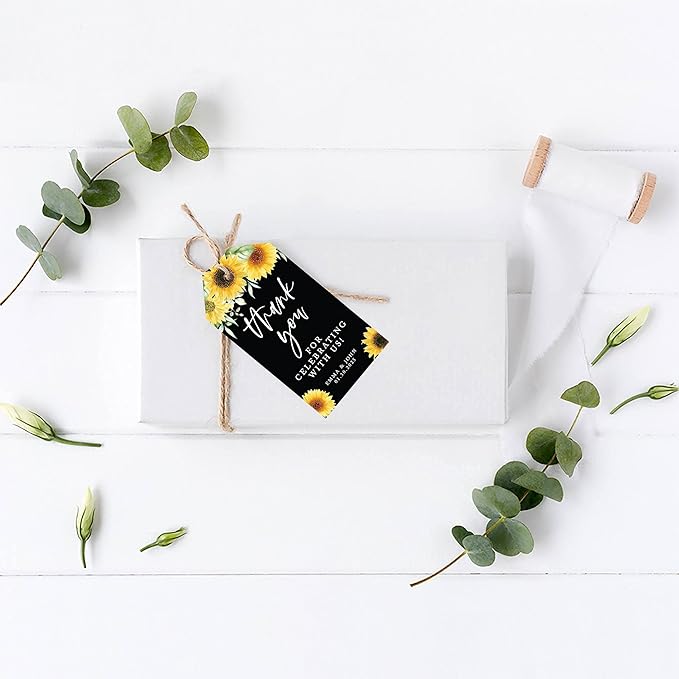 Andaz Press 100-Pack Personalized Thank You For Celebrating With Us Wedding Favor Tags with Bakers Twine Sunflowers Black Background Custom Cardstock Wedding Gift Tags for Party Favors 2 x 3.75-Inches