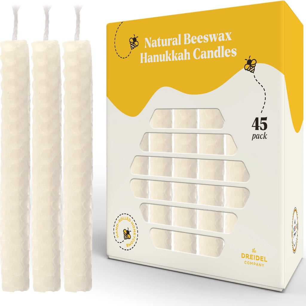 The Dreidel Company Hand Rolled Hanukkah Candle Natural Honeycomb Beeswax White, 45 Minute Burn Time, 45 Candles for All 8 Nights of Chanuka