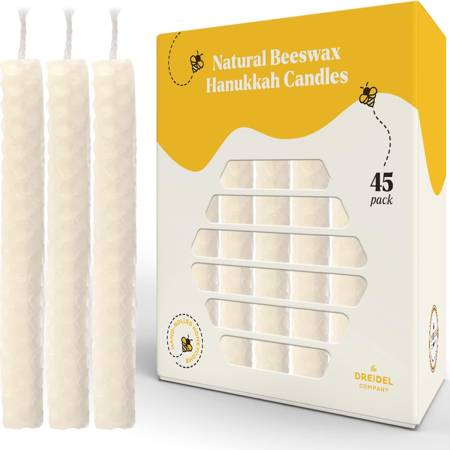 The Dreidel Company Hand Rolled Hanukkah Candle Natural Honeycomb Beeswax White, 45 Minute Burn Time, 45 Candles for All 8 Nights of Chanuka
