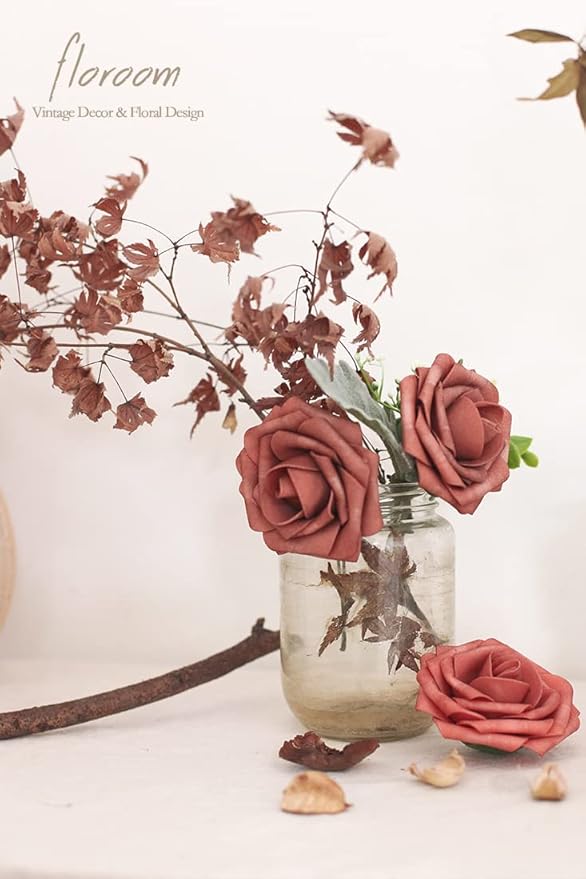 Floroom Artificial Flowers 25pcs Real Looking Dusty Cedar Foam Fake Roses with Stems for DIY Wedding Bouquets Bridal Shower Centerpieces Floral Arrangements Party Tables Home Decorations