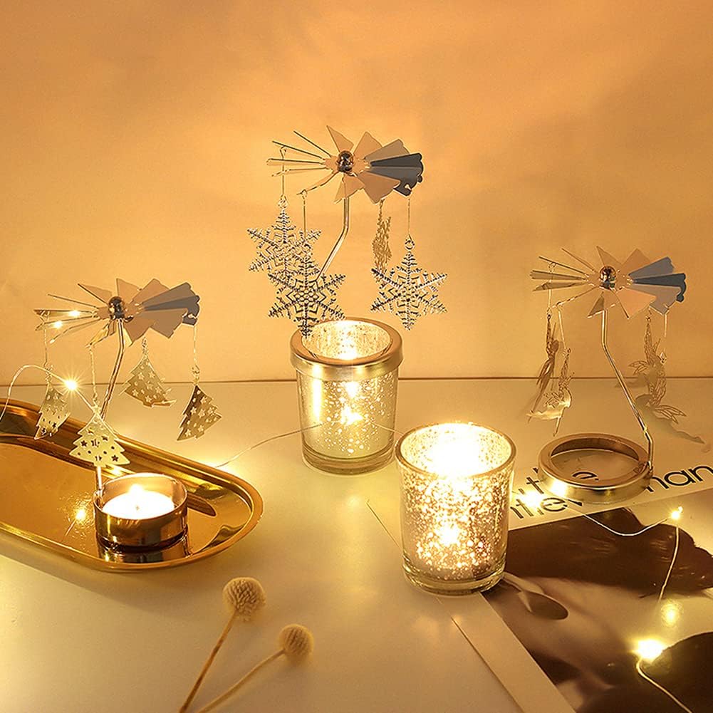 Christmas Candle Holders，Rotating Candlestick，Gold Starlight Glass Candle Holder,Restaurant Wedding Christmas Thanksgiving Wedding Anniversary Table Decoration (Christmas Tree)