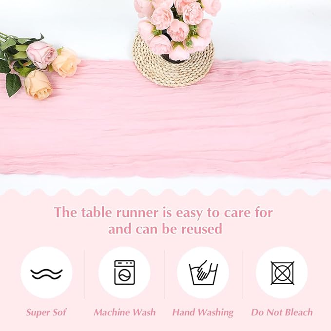 Pink Cheesecloth Table Runner -21*120Inch Long Boho Wedding Table Decor, Rustic Gauze Fabric Runner for Bridal Showers, Baby Showers & Parties (Sheer, Lightweight, Wrinkled Design)