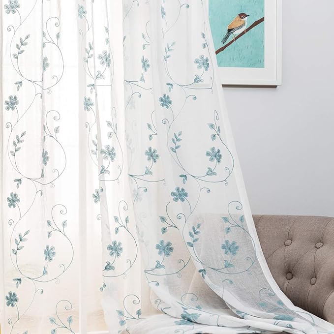 Sheer Curtains Blue 45 Inch Embroidered Floral, Rod Pocket Voile Drapes for Living room, Bedroom, Window Treatments Semi Crinkle Curtain Panels for Yard, Patio, Villa, Parlor, Set of 2, 52"x 45".