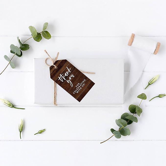 Andaz Press 100-Pack Thank You for Celebrating with Us Favor Tags Rustic Wood Cardstock Gift Tags with Bakers Twine for Wedding Baby Shower Bridal Shower Birthday Holiday Party Favors 2 x 3.75-Inches