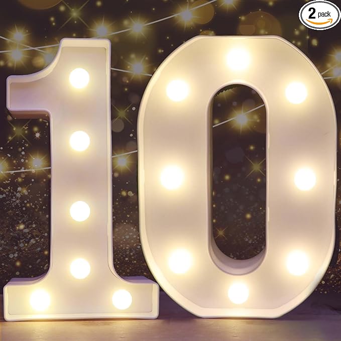 Pooqla Decorative Led Light Up Number Letters, White Plastic Marquee Number Lights Sign for 10th Birthday Party Wedding Decor Battery Operated Number (10)