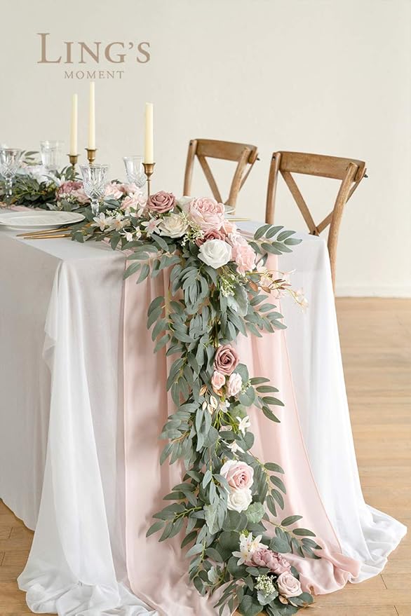 Ling's Moment Flower Garland - 6FT Eucalyptus & Rose - Pink Sweetheart Table Decor for Wedding Reception, Artificial Floral Garland for Mantle, Thanksgiving, Christmas Decoration, Dusty Rose
