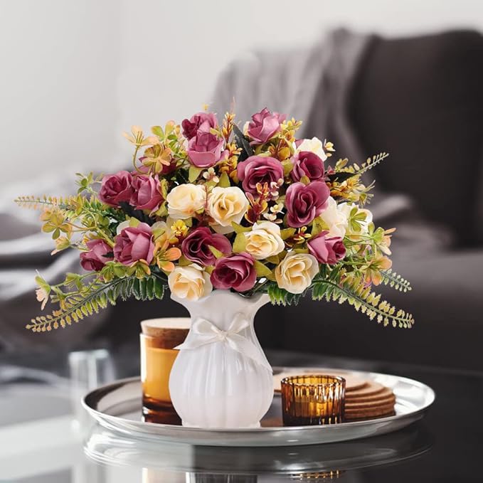 LESING Artificial Fake Flowers with Vase Silk Artificial Roses Wedding Flowers Bouquets Home Office Party Meeting Room Decoration (Violet red-1)