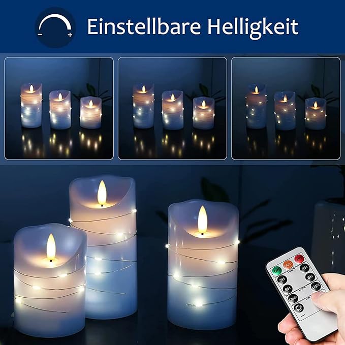 danip Sky Blue LED Flameless Candle with Embedded Starlight String, 3 LED Candles, 11 Key Remote Control, 24 Hour Timer Function, Dancing Flame, True Wax, Battery Powered. (Sky Blue)