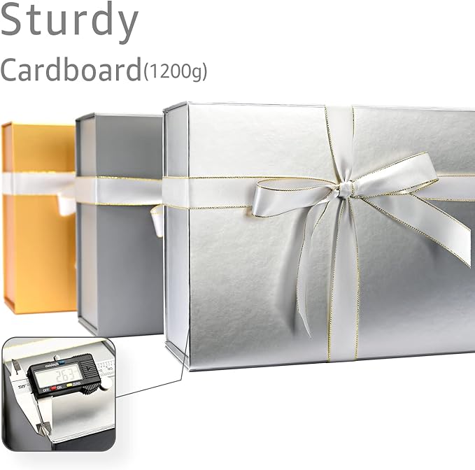 LIFELUM Gift Boxes with Lids,5 Pack 13.85 x 8.35 x 4.45 inch Silver Gift Boxes with Ribbon, Card, Shredded Paper Filler Gift Boxes for Presents,Graduation,Christmas,Birthdays