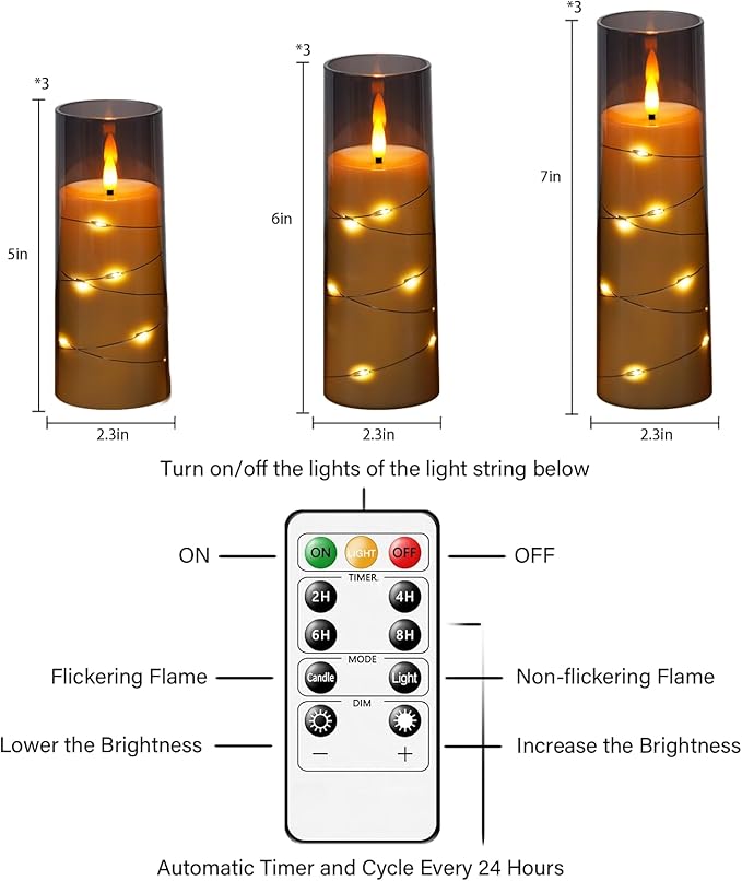 Flameless LED Candles with Timer 9 Pc Flickering Flameless Candles for Romantic Ambiance and Home Decoration Stable Acrylic Shell,with Embedded Star String，Battery Operated Candles（Grey）