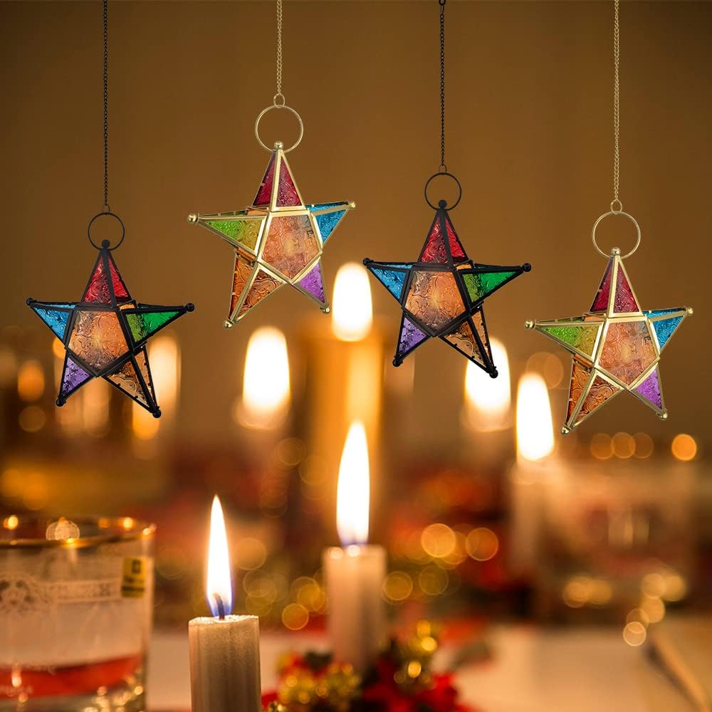 Modern Morocco Metal Art Candle Holders, Star Colorful Glass Christmas Holiday Home Wall Decor Lantern for Mantel Patio Garden with Hanging Loop