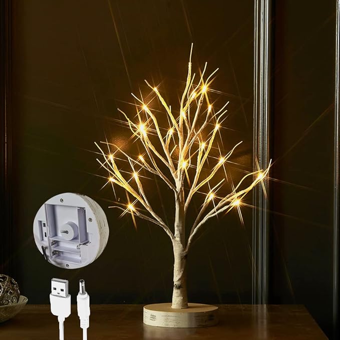LITBLOOM Lighted Birch Tree with Timer Battery Operated or USB Plug-in 18IN 24 LED, Easter Trees with Lights for Wedding Party Home Fireplace Table Decoration