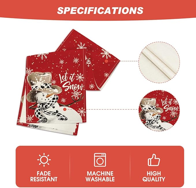 Artoid Mode Red Snowman Snowflake Let it Snow Winter Table Runner, Seasonal Christmas Kitchen Dining Table Decoration for Home Party Decor 13x48 Inch