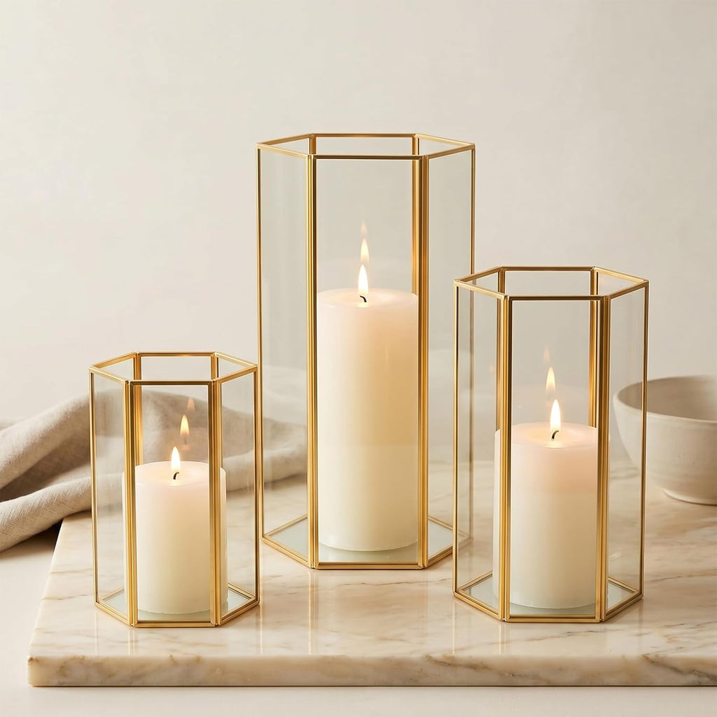 Glass Hurricane Candle Holder, Set of 3 Large Clear Hexagon Lanterns Pillar Candle Lantern with Gold Metal Frame Wedding Centerpiece Table Decor Home Decorations