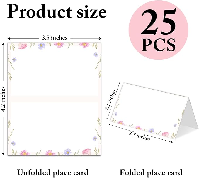 25 Pack Flower Place Cards, Editable Name Cards for Table Setting, Tent Cards Food Label for Dinner Party, Bridal Shower, Wedding, Baby Shower and Events -T06