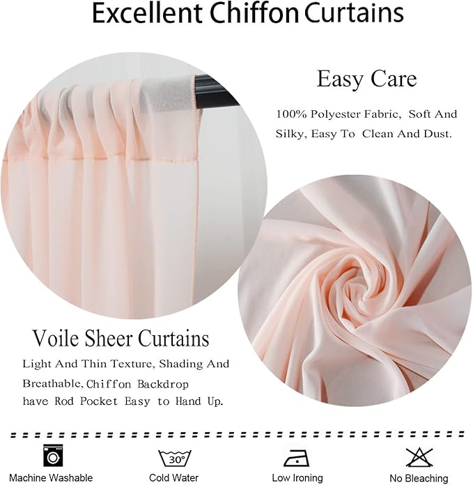 DUOBAO Chiffon Backdrop Curtains 2 Panels 8FT Voile Curtain Peach 58"x96"Baby Shower Background Wide 150cm x 240cm Length Sheer Drapes for Wedding Bedroom Window,Party Decor