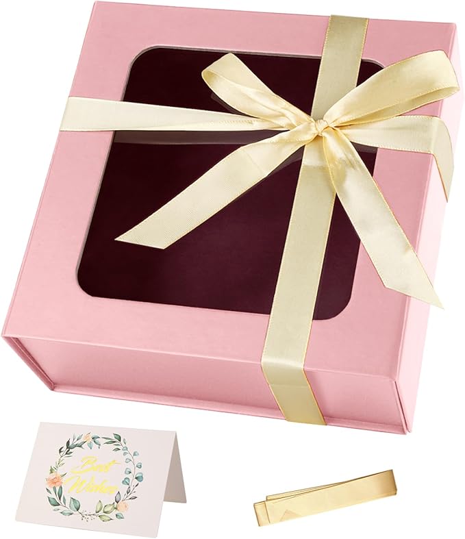TIACABO Pink Gift Box with Window,7.5"x7.5"x3.1" Bridesmaid Boxe for Gifts Giving,Birthday Gift Boxes with Magnetic,Closure Lid Gifts Boxes for Presents,Cute Box,Luxury for Gift Packaging
