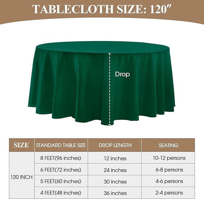 Round Tablecloth 120 Inch 6 Pack Dark Green Tablecloths Washable Decorative Linen Polyester Table Clothes Cover for Dining Table Banquets Buffet Parties and Wedding