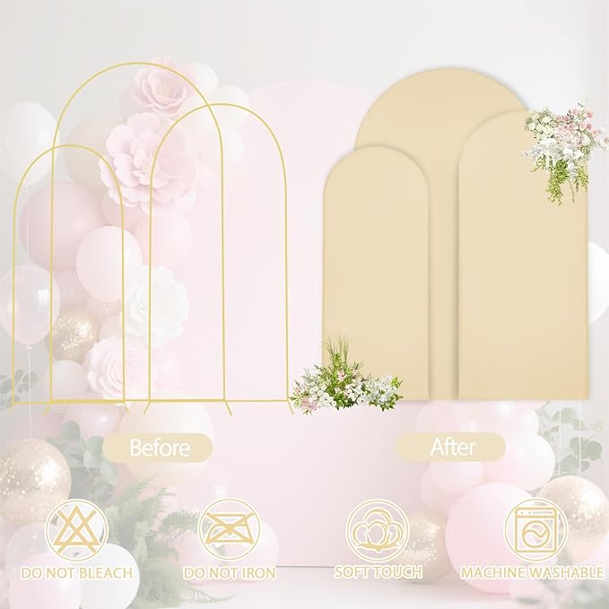 WEERRW Wedding Arch Cover Beige Spandex Fitted Set of 3 Balloon Arch Stand Covers Round Top Chiara Stretchy Backdrop for Birthday Party Baby Shower Banquet Decoration (6FT, 6.6FT, 7.2FT)