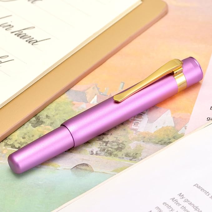 Hongdian M2 Mini Fountain Pen with Extra Fine Soft Golden Nib, Sleek Shape Aluminium Short Pocket Travel Pen (Lilac Purple)