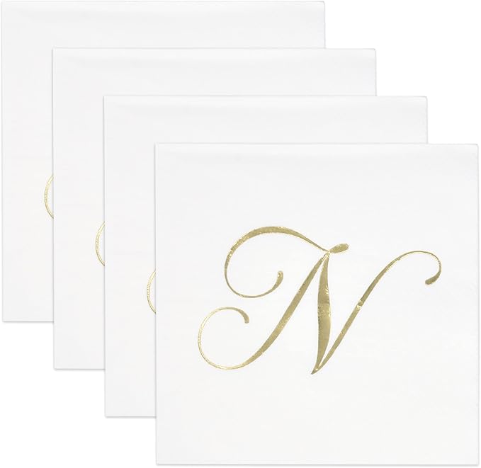 Gift Boutique 100 Gold Monogram Cocktail Napkins Letter N Disposable Paper Pack Elegant Metallic Golden Foil Hand Napkin for Powder Room Wedding Holiday Birthday Party Baby Shower Decorative Towels