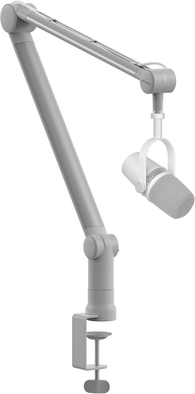 IXTECH Boom Arm - Adjustable 360° Rotatable Microphone Sturdy Stainless Steel Mic Desk, Table Stand Foldable Scissor Stable Mount Arms for Radio Studio, Podcast, Gaming (MATTE SILVER)