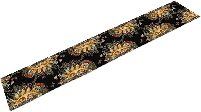 Sun Moon Table Runner, Bohomian Mushroom Daisy Table Gothic Dragonly Butterfly Table Center Decor Table Runner for Indoor Outdoor Party Kitchen Dinner Black, 13x120 Inch