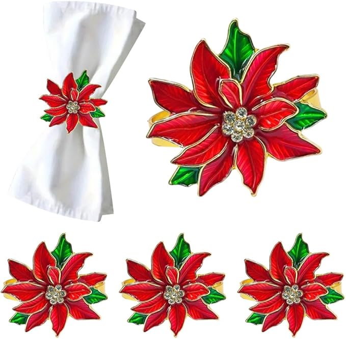 Poinsettia Napkin Rings Set of 6, Xmas Party Red Flower Napkin Holder Buckles, Thanksgiving Christmas Napkin Rings (Dark Red, One Size)