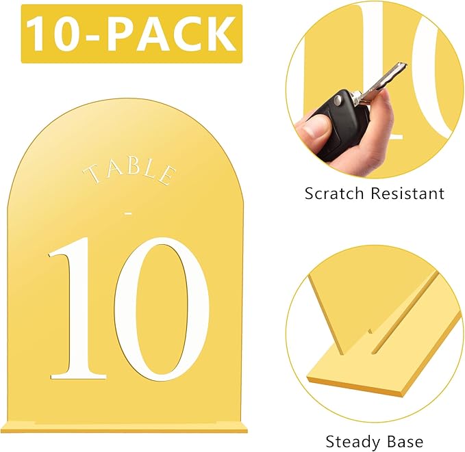 JOYIT Arch Wedding Table Numbers 1-10 with Stands – 5" X 7" Acrylic Mirrored Gold Table Number Holders, Perfect for Wedding Receptions, Parties, Anniversaries, and Events