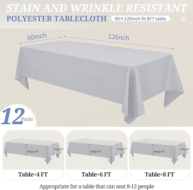 12 Pack Light Grey Tablecloths for Rectangle Tables 60 x 126 Inch Polyester Tablecloth 8 Foot Rectangle Table Cloth Wrinkle Resistant Washable Fabric Table Cover for Party Wedding Banquet Events