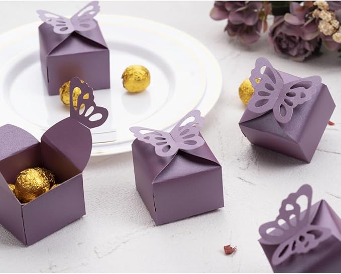 AWELL Purple Gift Candy Box Bulk 2.5x2x2.5 inches with Butterfly Bow Party Favor Box for Mother's Day, Purple,Pack of 50