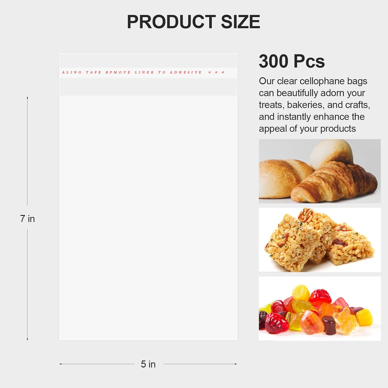 300 Pcs Cookie Bags with Seal, 5"x7" Clear Cellophane Bags | Resealable Closure, Food-Safe Material, Moisture Resistant, Party Favors, Bakery Display