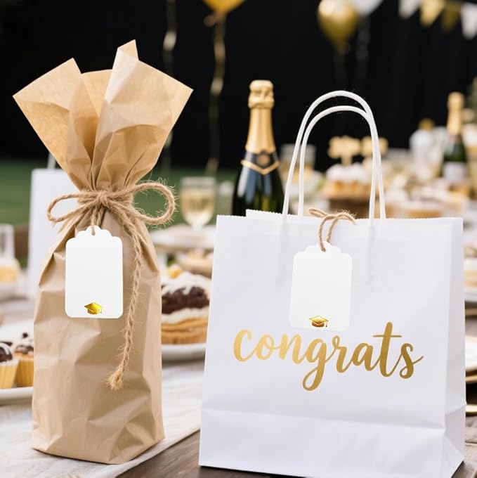 100Pcs Blank Gift Tags with String Foil Gold Grad Cap Large White Paper Gift Tags with 65 Ft Jute Twine for Congrats Grad Congratulations Graduation Party