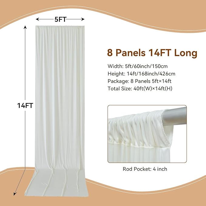 40×14ft Wrinkle Free Ivory Backdrop Curtain, Soft Silky Easy to Drape Cream Wedding Drapes for Backdrop, 8 Panels 5×14ft Photo Backdrop Curtains for Parties Birthday Photography Background Cloth