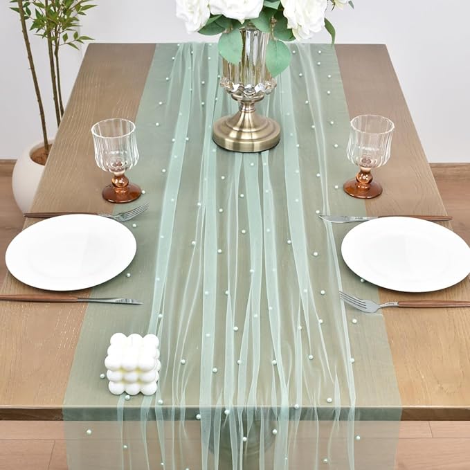 Joanlody Fall Pearl Table Runner 10ft Rustic Boho Tulle Table Runner with Pearls for Baby Shower Wedding Party Veil Dessert Thanksgiving Table Decor Sage Green