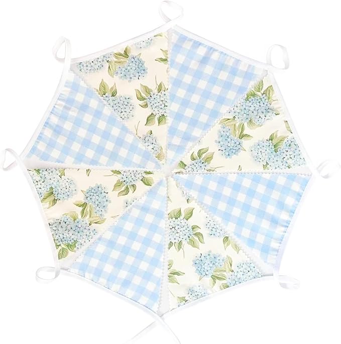 32Ft Blue Flora Party Decorations Blue Gingham HydrangeaTriangle Flag Fabric Banner Pennant Garland Streamer for Flora Birthday Vintage Flower Baby Shower Wedding Tea Party Garden Decor Supplies